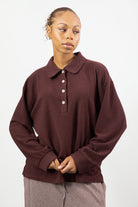 Burgundy textured button up collared top_1