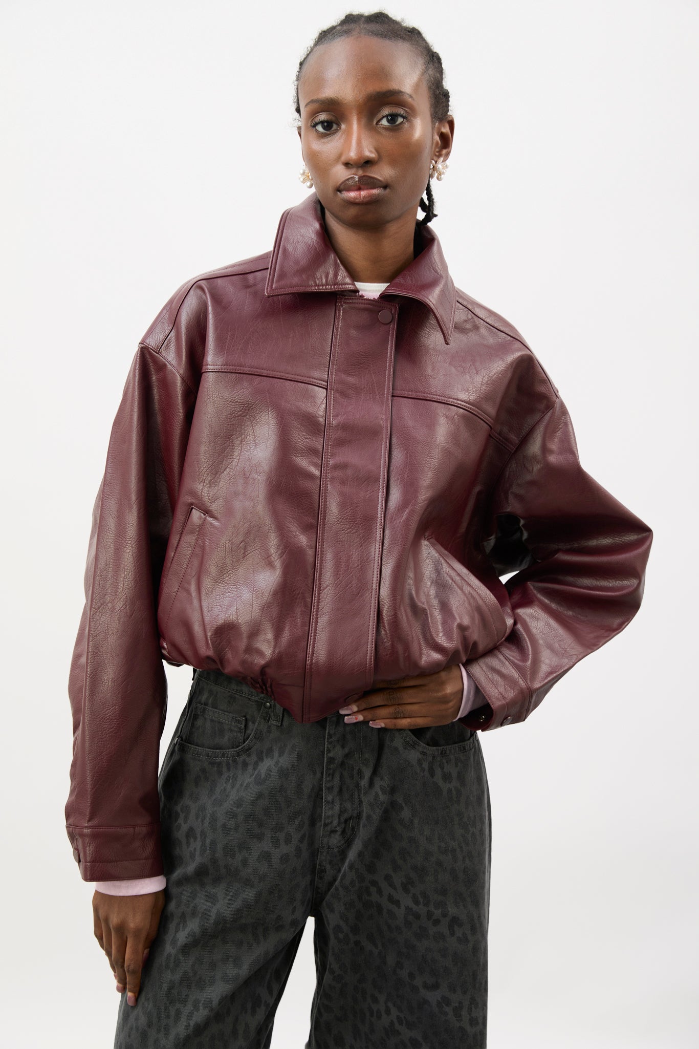 Burgundy vegan leather short jacket | Glassworks London