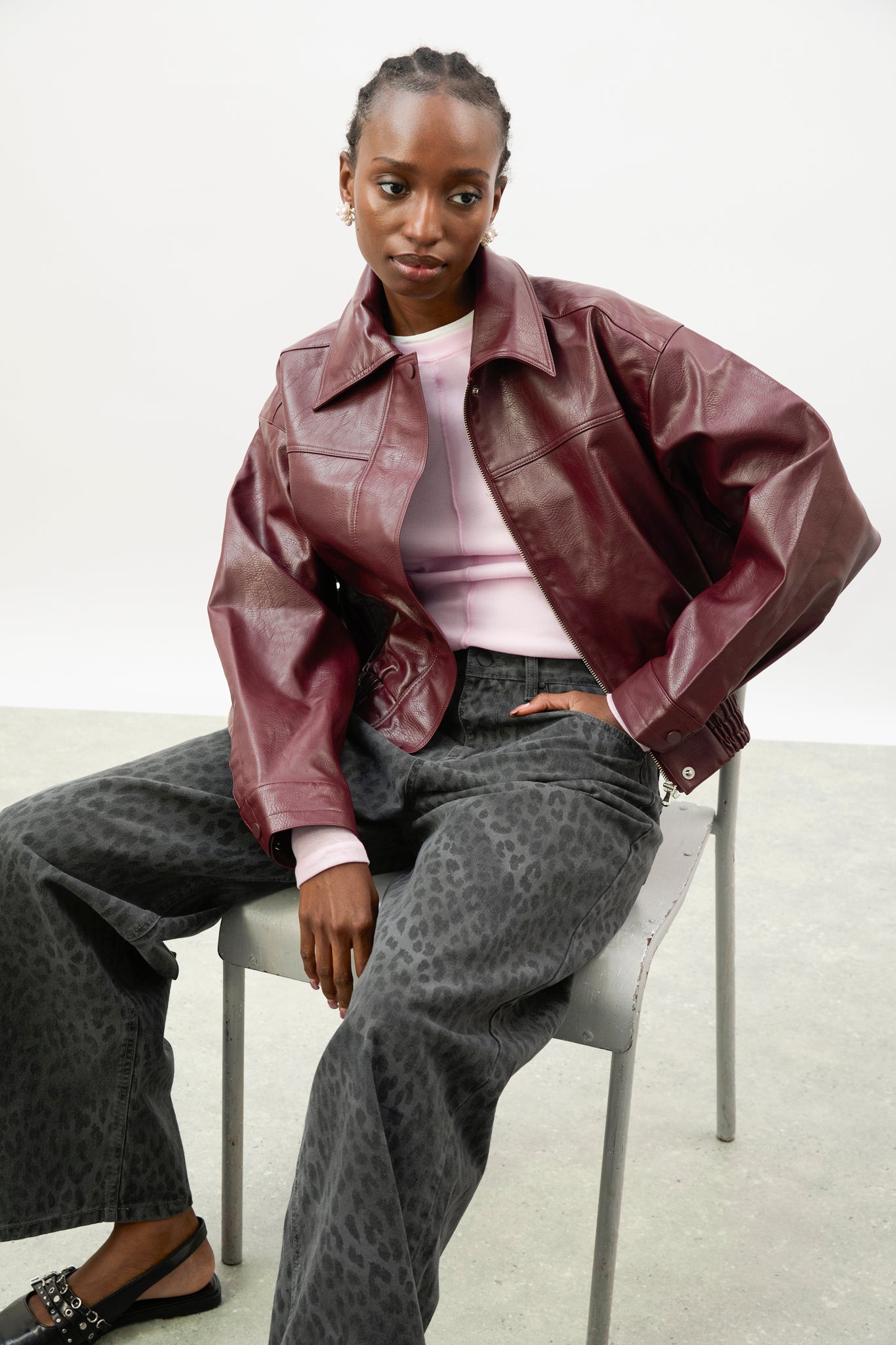 Burgundy vegan leather short jacket | Glassworks London