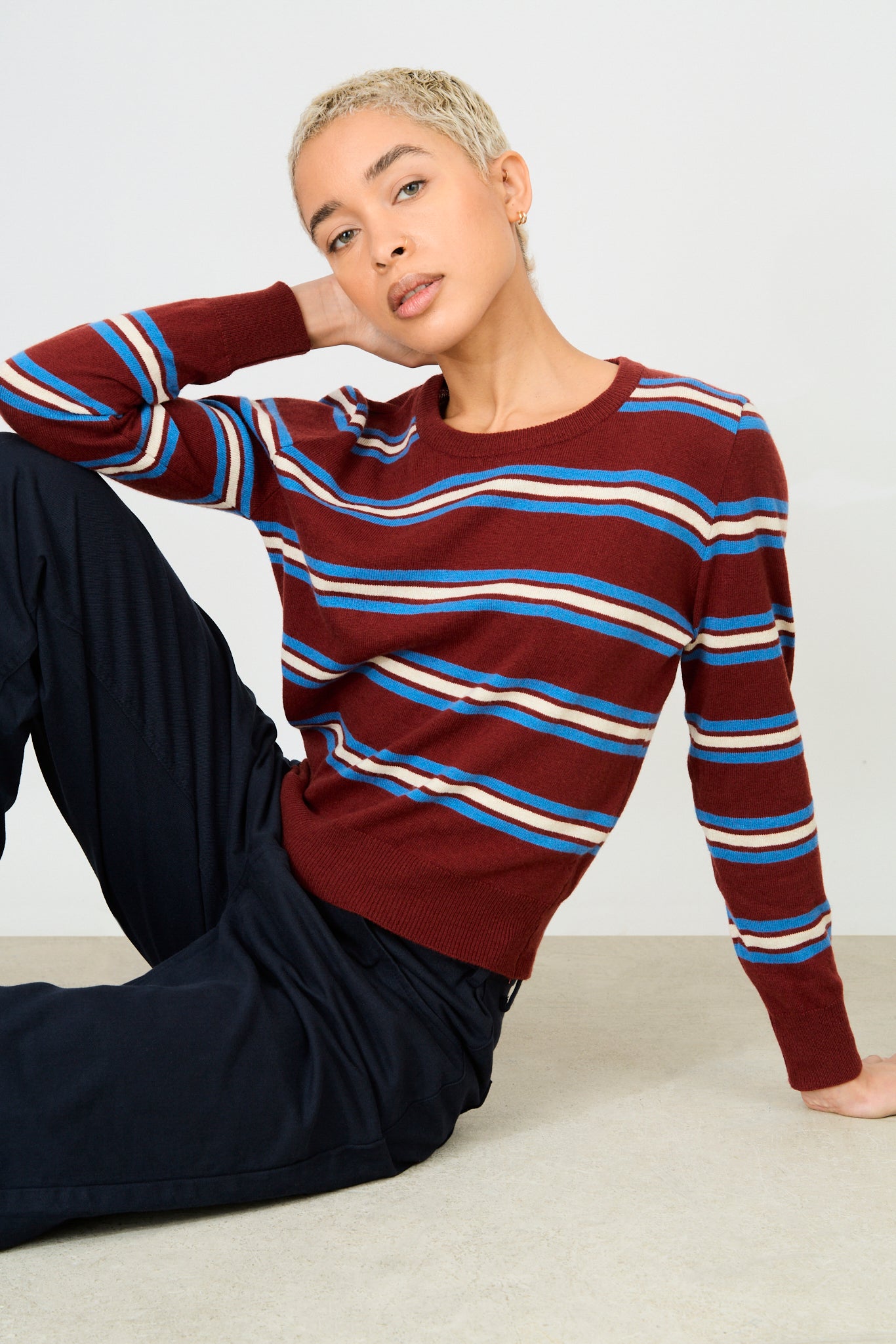 Burgundy white and cobalt horizontal striped wool blend knit top_5
