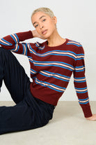 Burgundy white and cobalt horizontal striped wool blend knit top_5