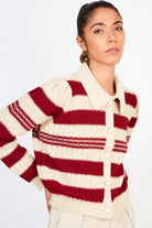 Burgundy and beige striped pearl button cardigan_1