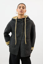Charcoal grey and yellow wool blend hooded coat_1