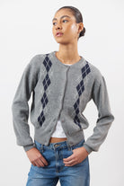 Charcoal grey argyle round neck cashmere wool blend cardigan_1