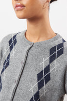 Charcoal grey argyle round neck cashmere wool blend cardigan_3