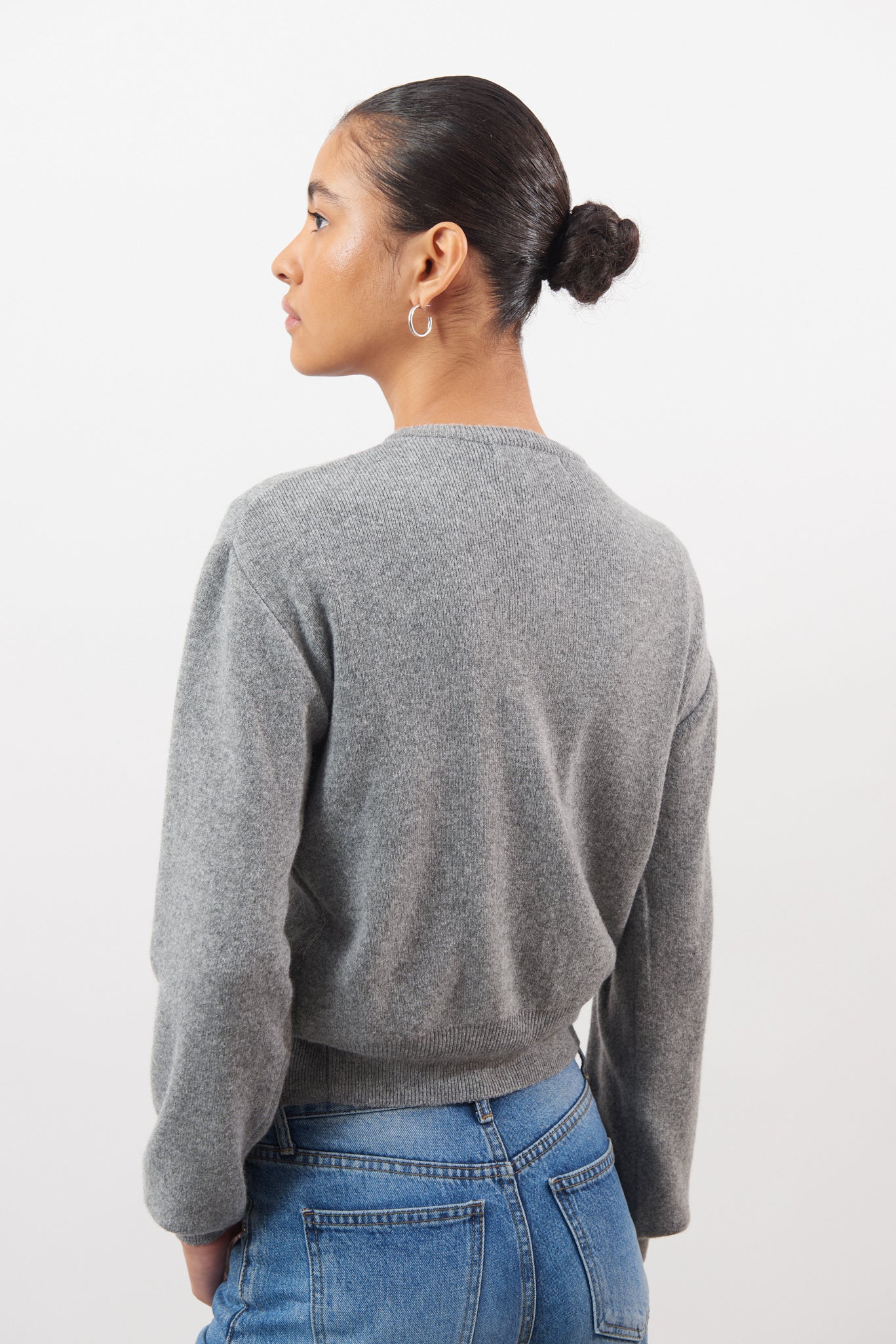 Charcoal grey argyle round neck cashmere wool blend cardigan_2