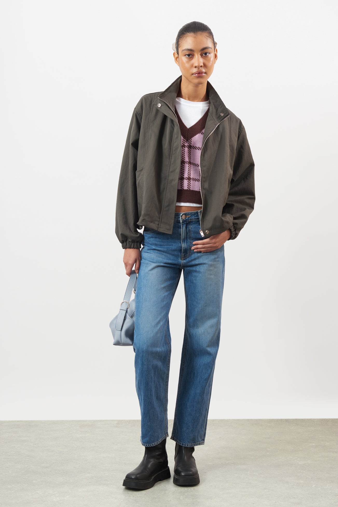 Charcoal grey diagonal pocket bomber jacket_6