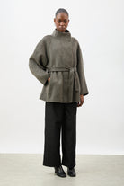 Charcoal grey pure wool funnel neck belted short coat_4