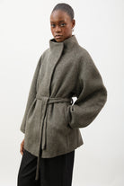 Charcoal grey pure wool funnel neck belted short coat_1