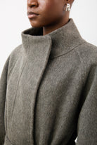 Charcoal grey pure wool funnel neck belted short coat_3