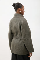 Charcoal grey pure wool funnel neck belted short coat_2