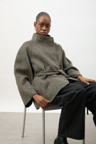 Charcoal grey pure wool funnel neck belted short coat_5