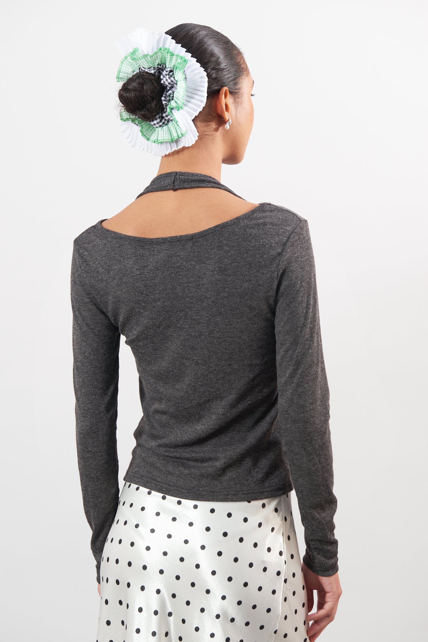 Charcoal marl layered halter neck long sleeve top_2