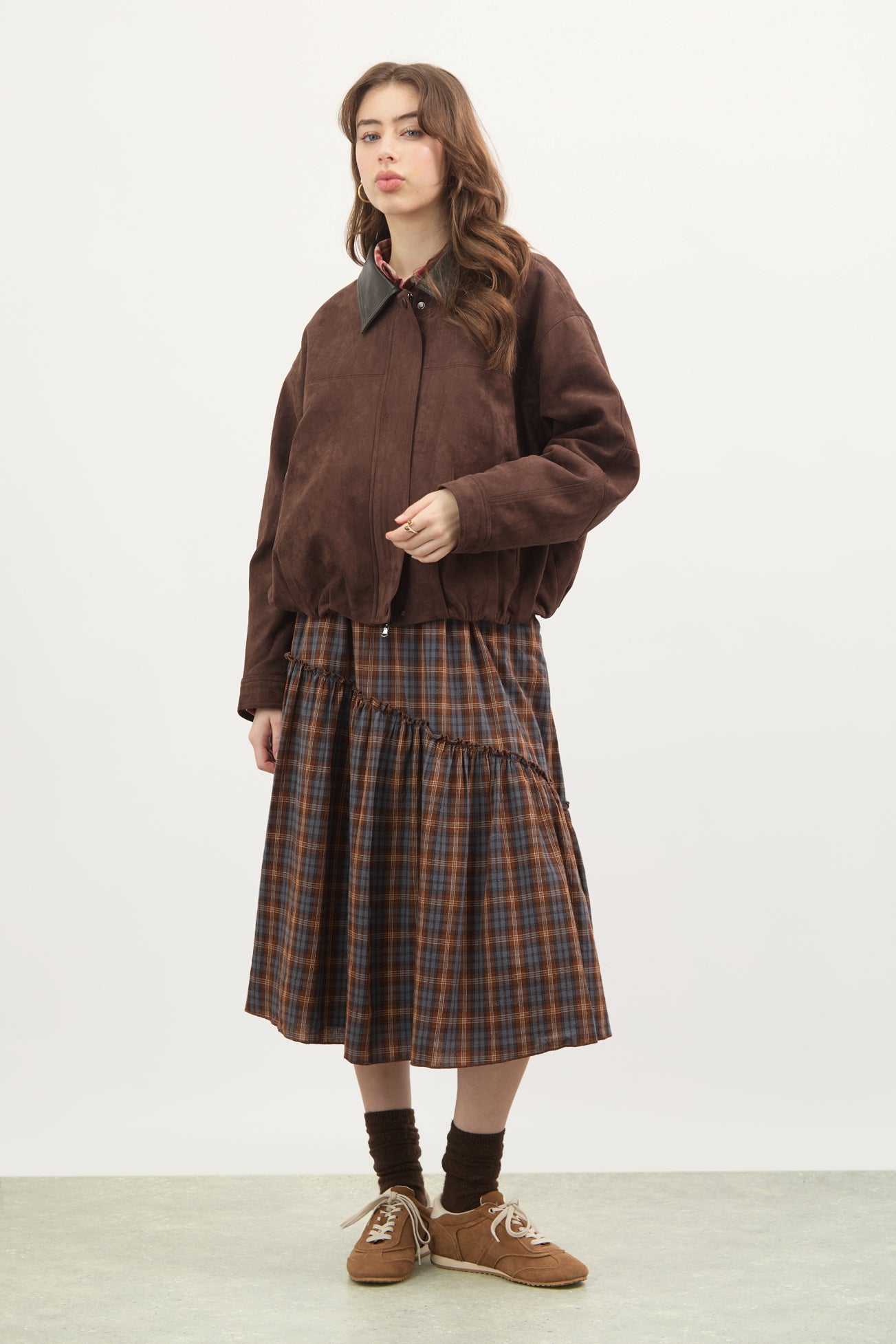 Chocolate brown suede vegan leather collar jacket_4