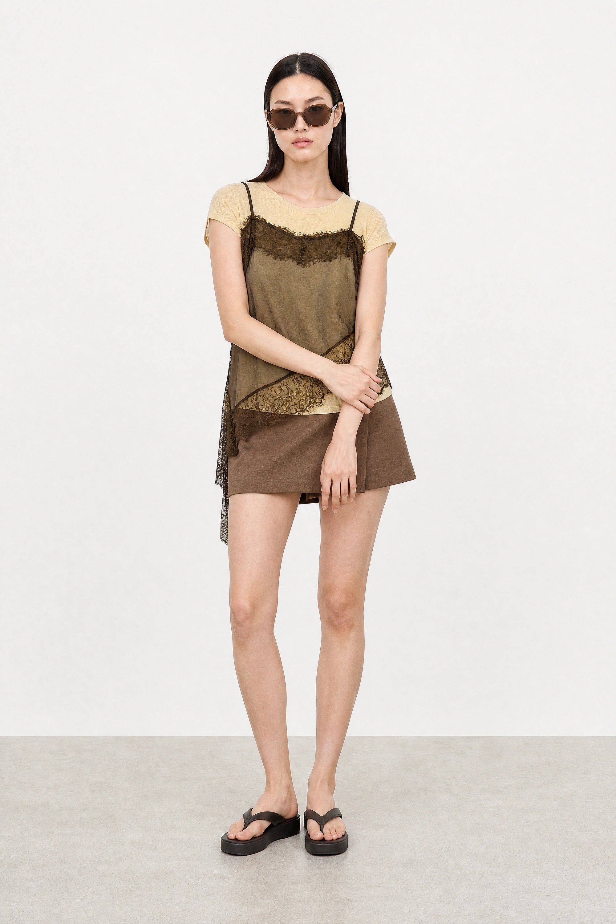 Chocolate brown lace trim tank layered yellow knit tee set_5
