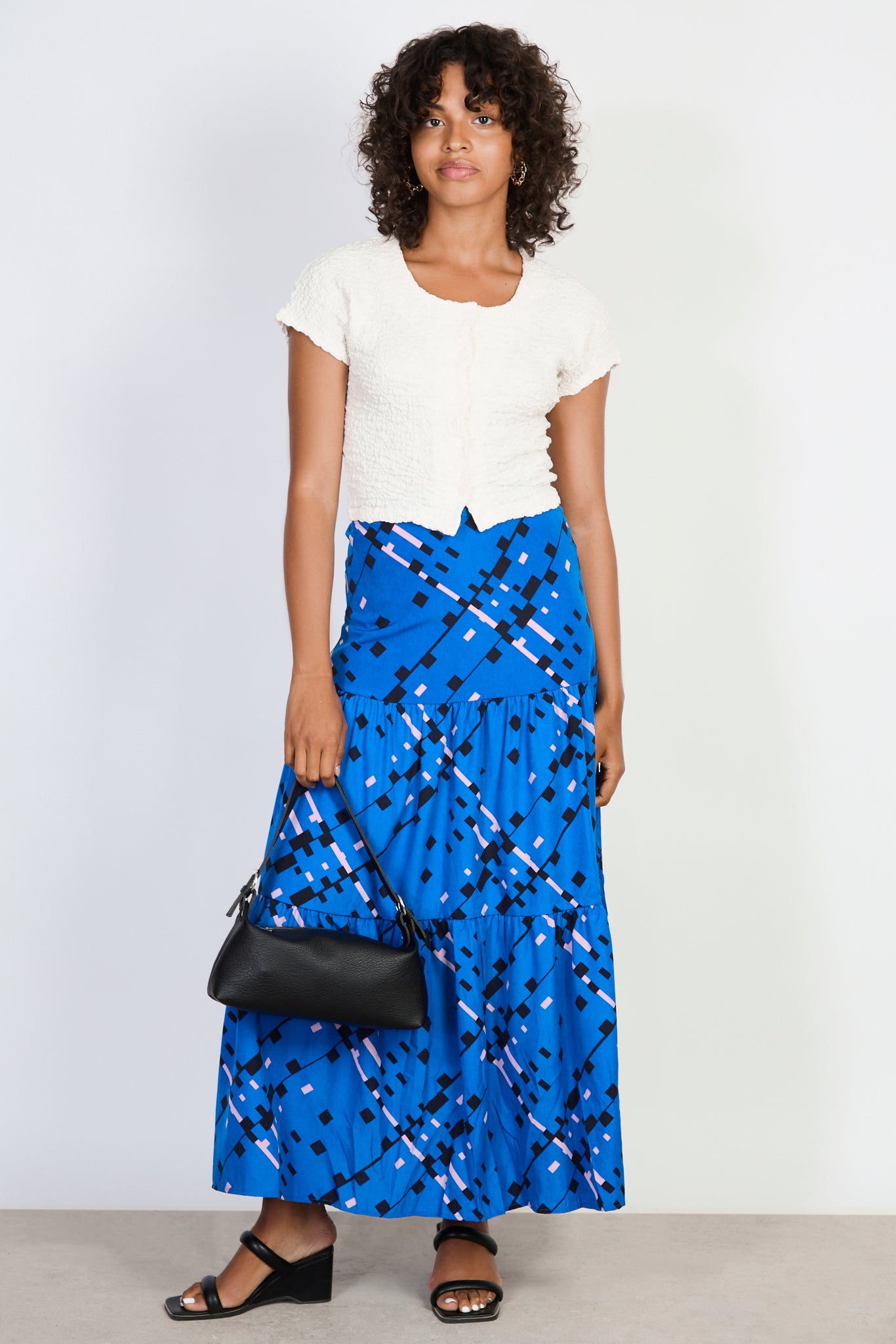 Cobalt black and pink graphic print tiered maxi skirt_4