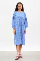 Cobalt blue and ivory gingham embroidered flower dress_2