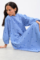 Cobalt blue and ivory gingham embroidered flower dress_6