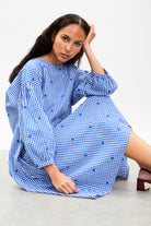 Cobalt blue and ivory gingham embroidered flower dress_1