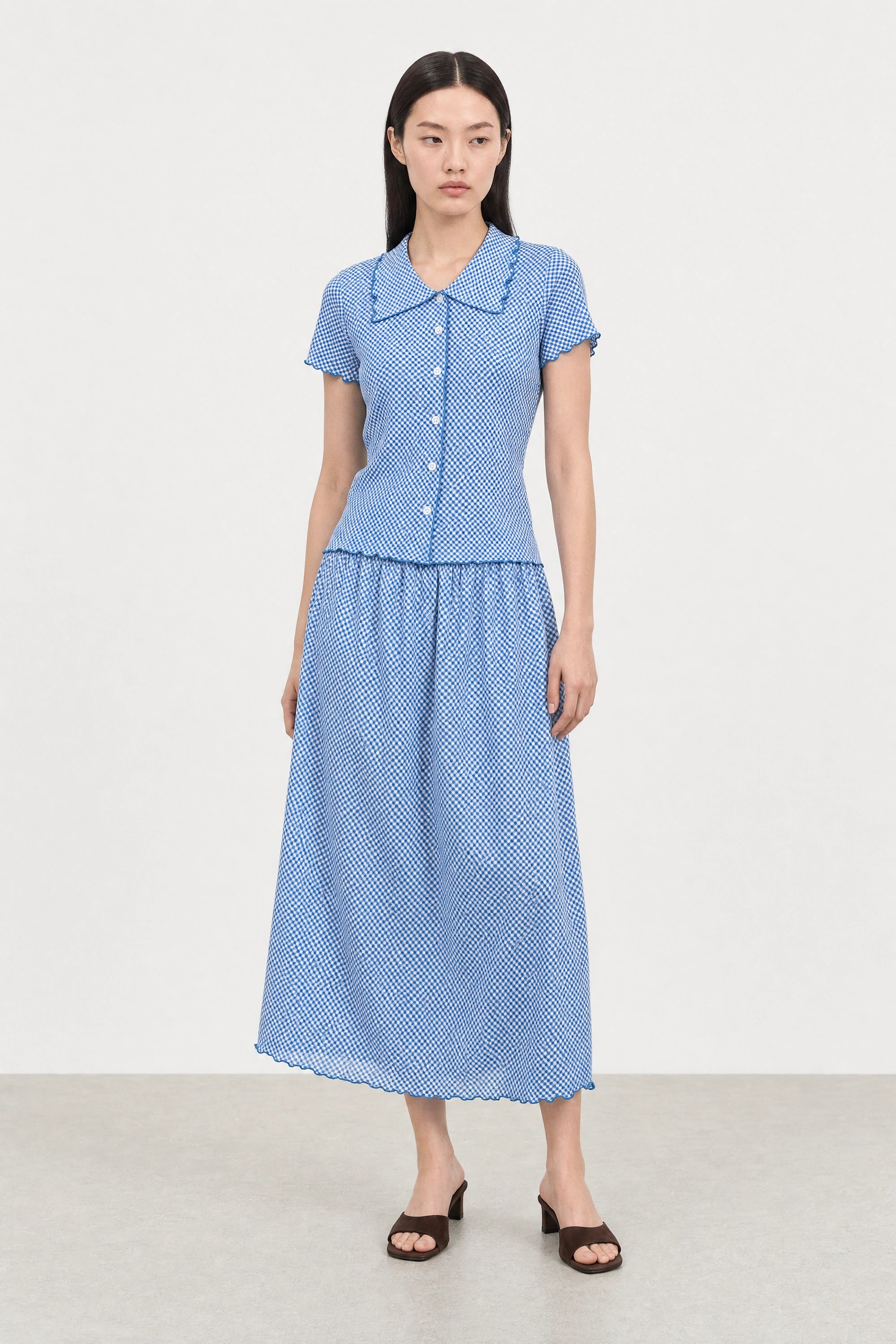 Cobalt blue and white gingham lettuce trim pencil skirt_3
