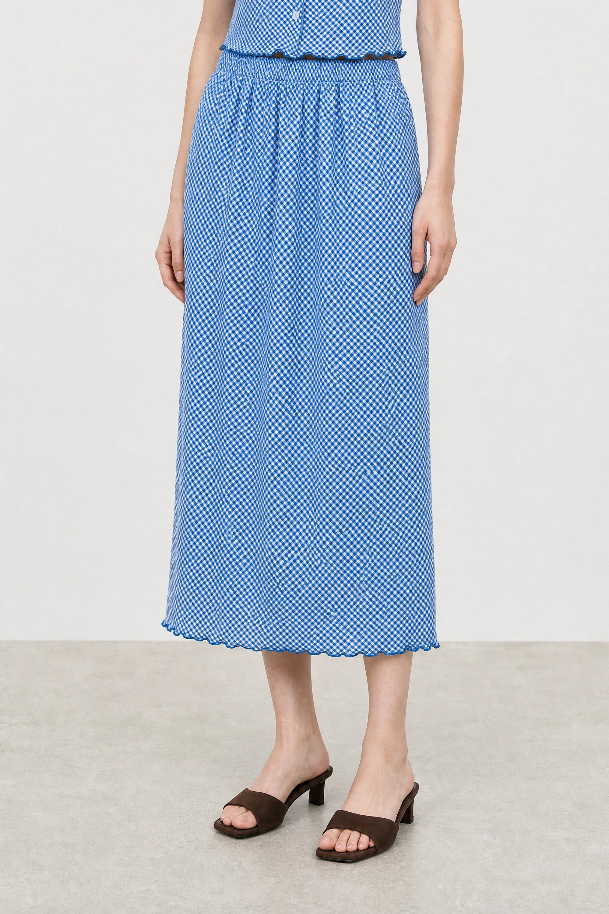 Cobalt blue and white gingham lettuce trim pencil skirt_1