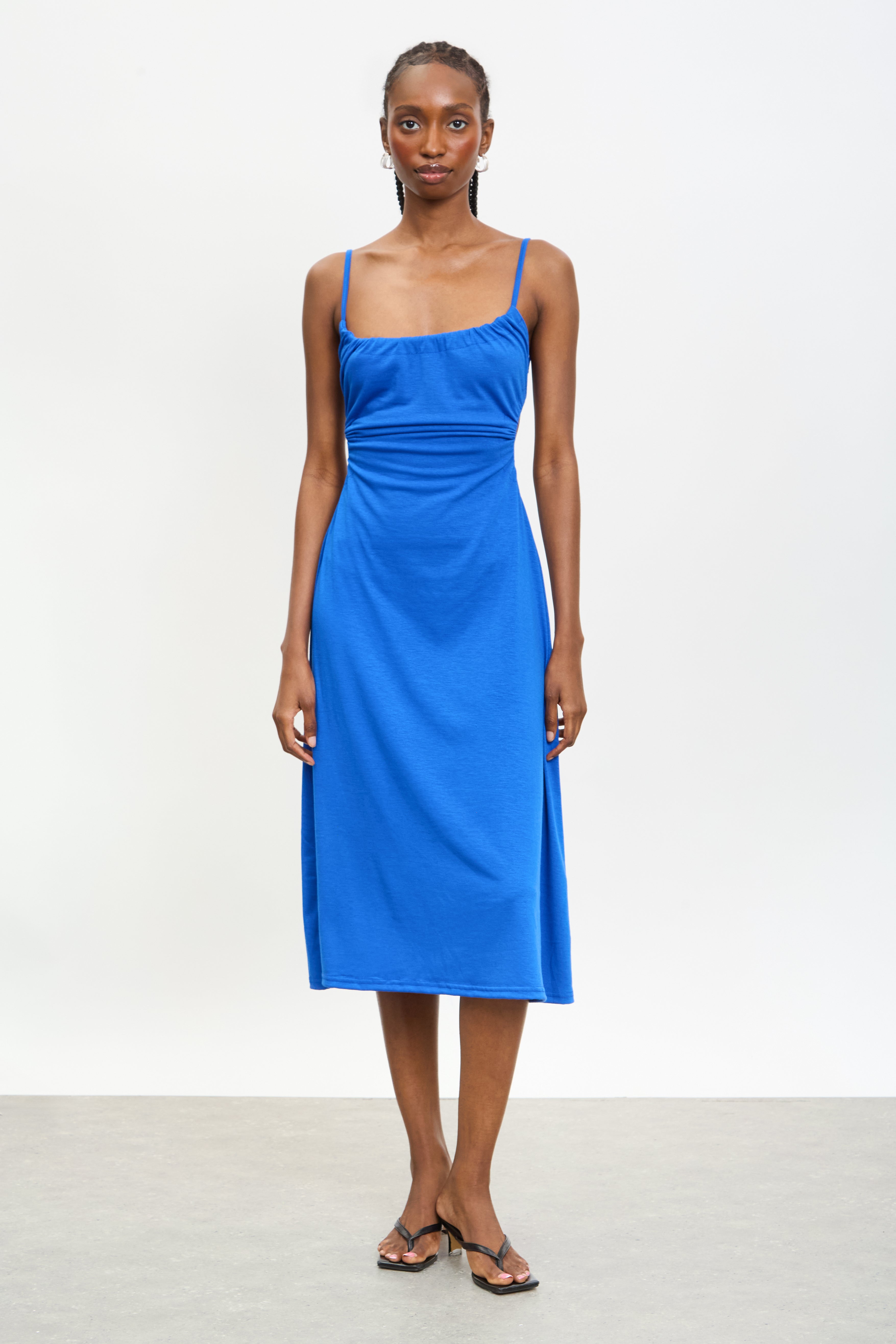 Cobalt blue ruched open back midi dress_1