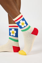 Cream blue red and green colourblock daisy socks_1