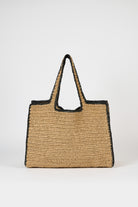 Dark beige black trimmed striped straw tote bag_1