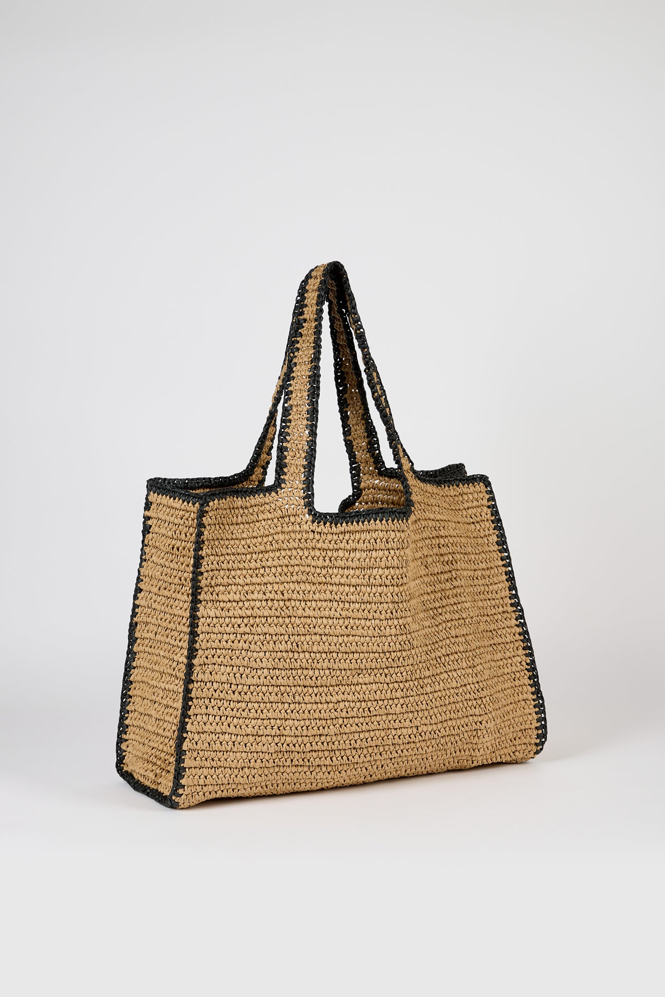 Dark beige black trimmed striped straw tote bag_2