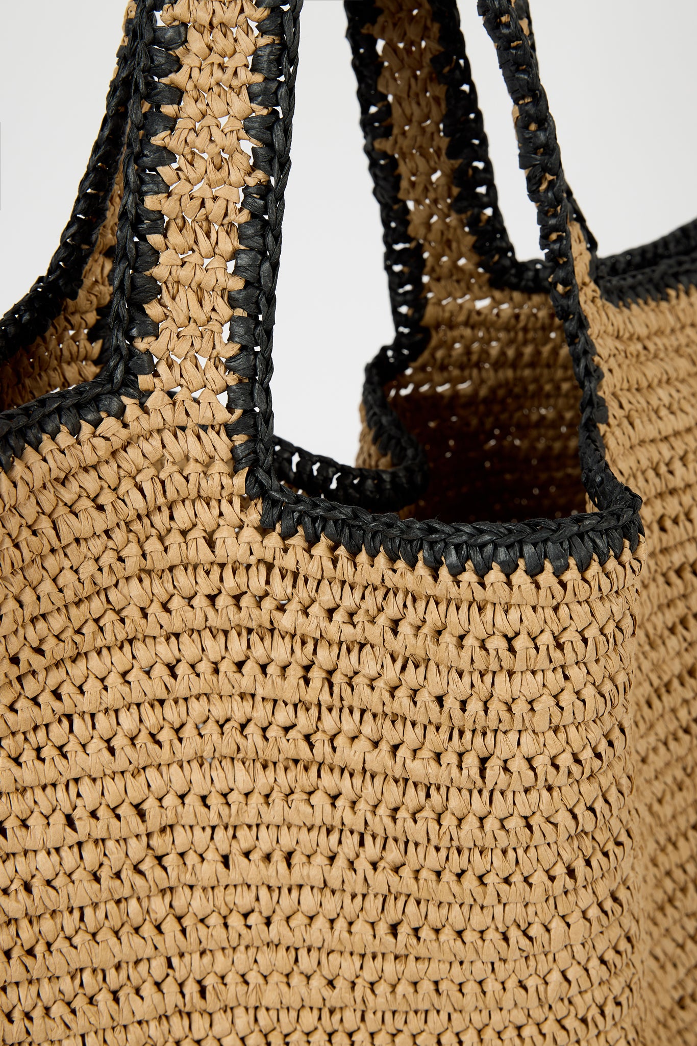 Dark beige black trimmed striped straw tote bag_3