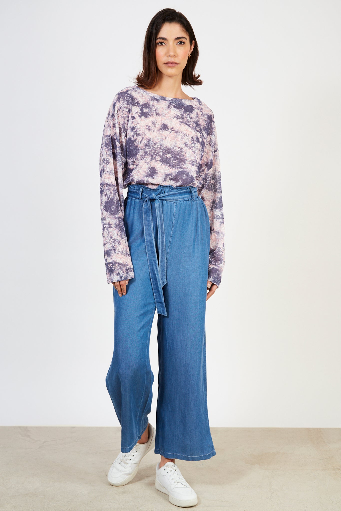 Dark blue denim belted wide leg trousers_3