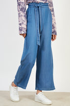 Dark blue denim belted wide leg trousers_1