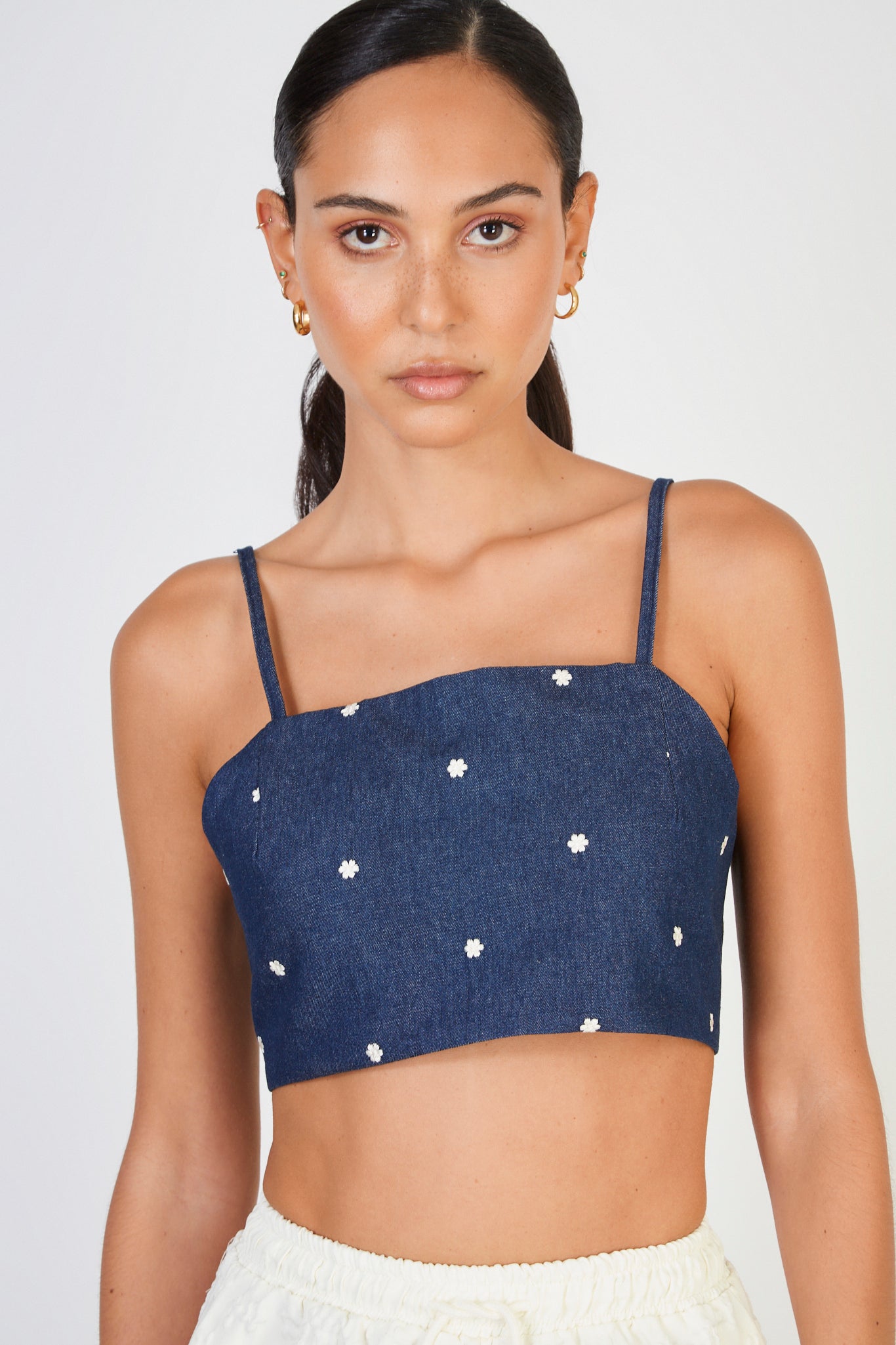 Dark blue denim embroidered floral tank