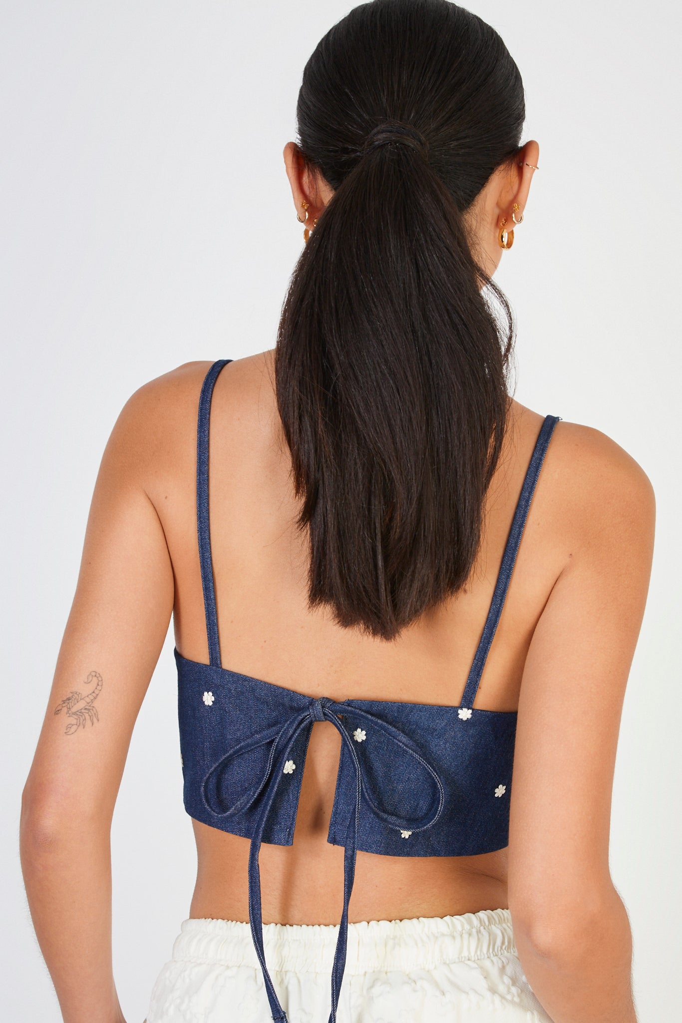 Dark blue denim embroidered floral tank