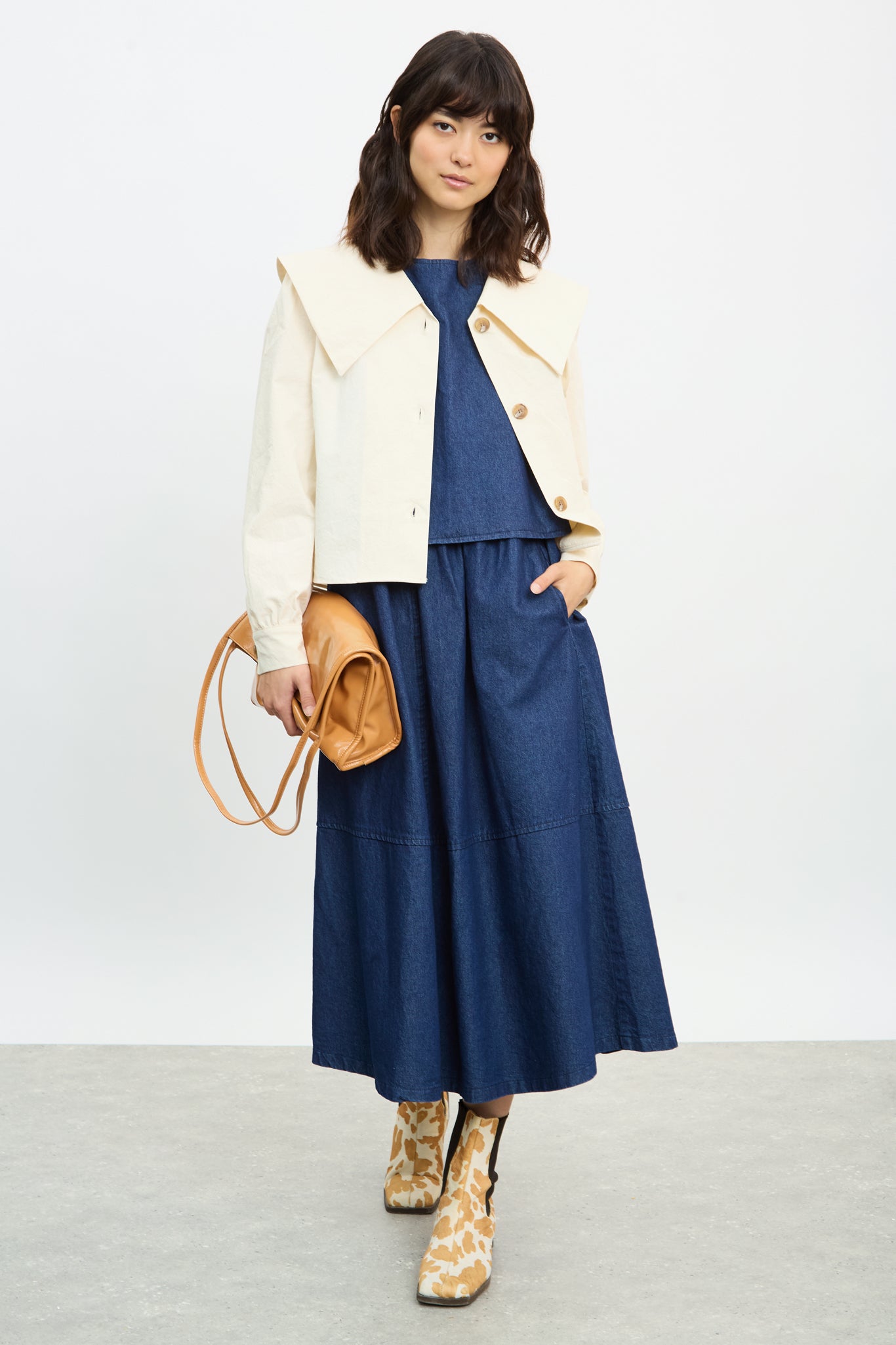 Dark blue denim gathered waist midi skirt_5