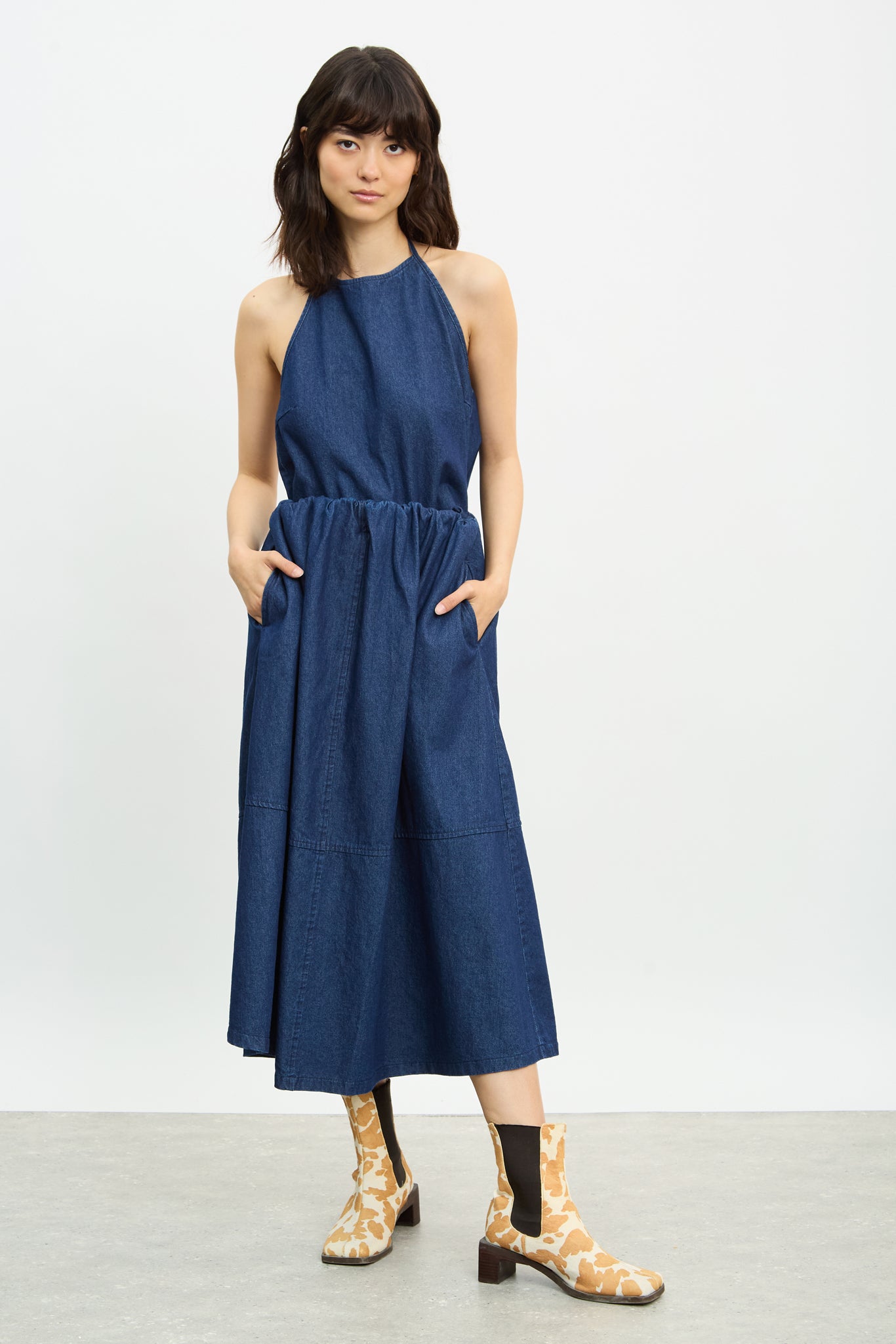 Dark blue denim gathered waist midi skirt_4