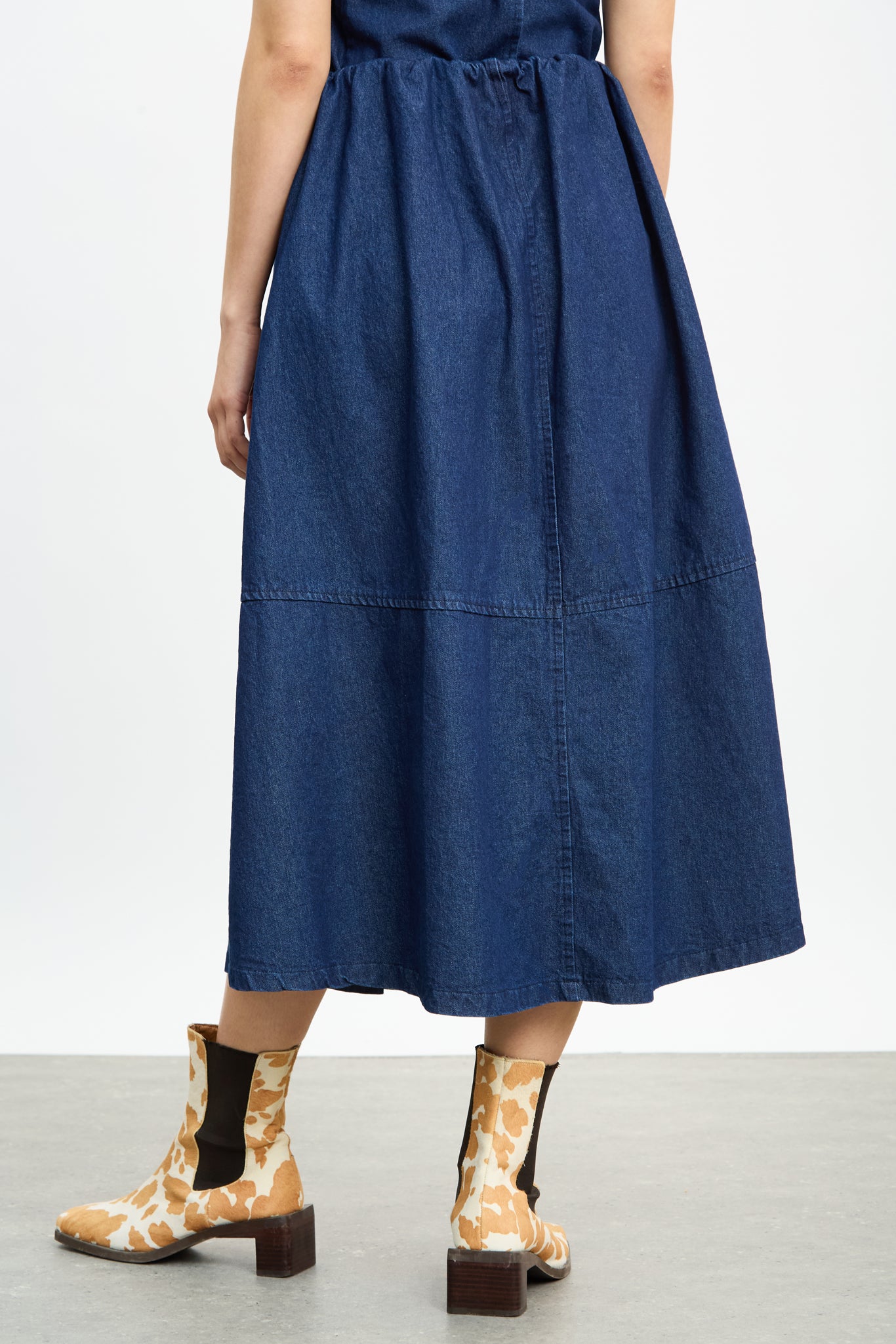 Dark blue denim gathered waist midi skirt_2