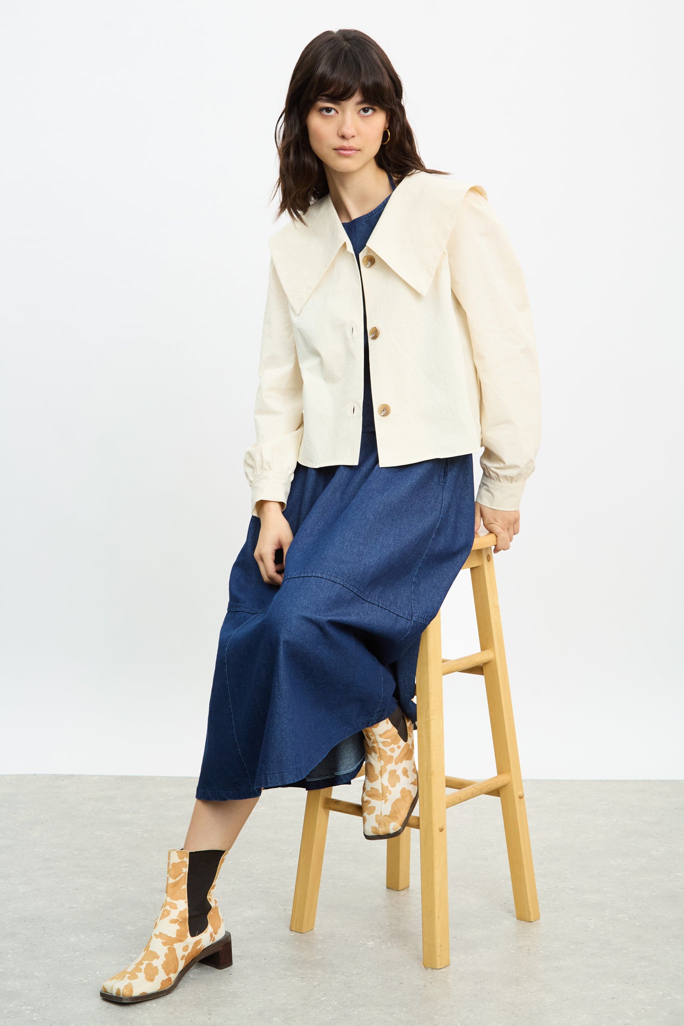 Dark blue denim gathered waist midi skirt_6