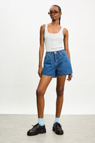 Dark blue denim polka dot shorts_4