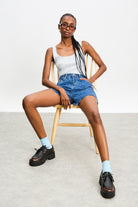 Dark blue denim polka dot shorts_5