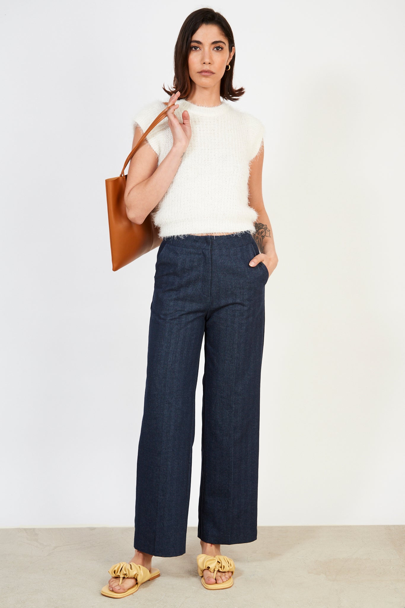 Dark blue herringbone denim smart trousers_3