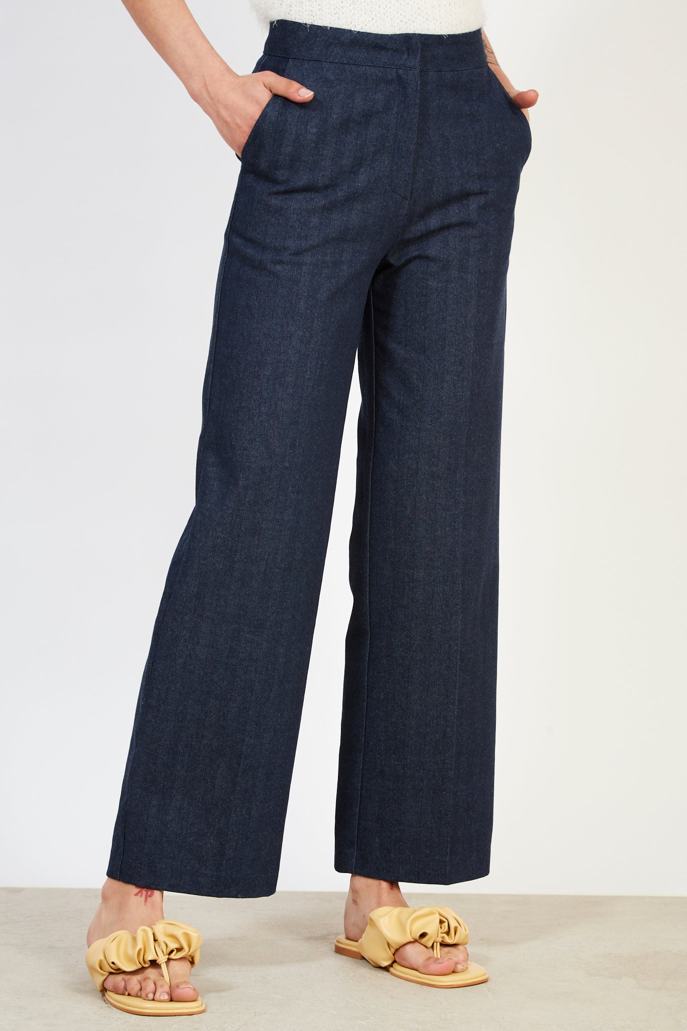 Dark blue herringbone denim smart trousers_1