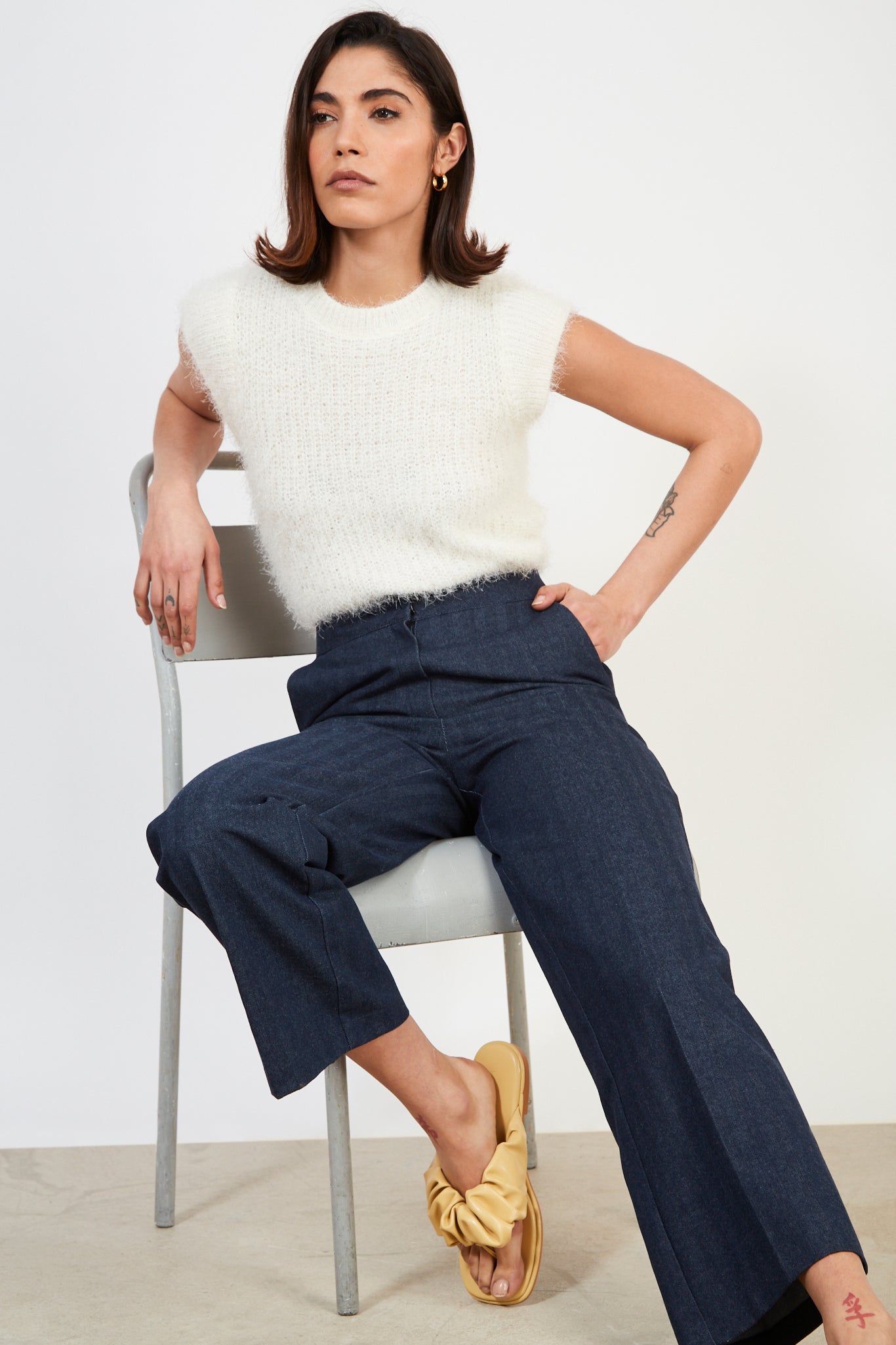 Dark blue herringbone denim smart trousers_4