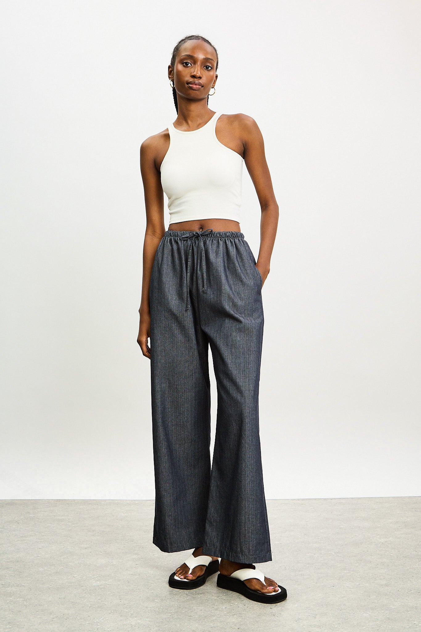 Dark blue vertical stripe drawstring trousers_4