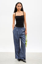 Dark blue vertical striped wide leg trousers_4