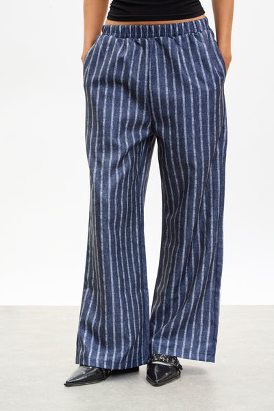 Dark blue vertical striped wide leg trousers | Glassworks London