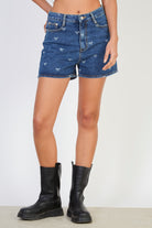 Dark blue wash ribbon print denim shorts_1