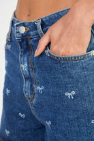 Dark blue wash ribbon print denim shorts_3