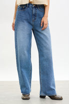 Dark blue washed wide leg jeans_1