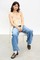 Dark blue washed wide leg jeans_5